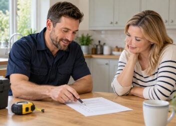 A handyman and homeowner reviewing a job checklist at a kitchen table.
