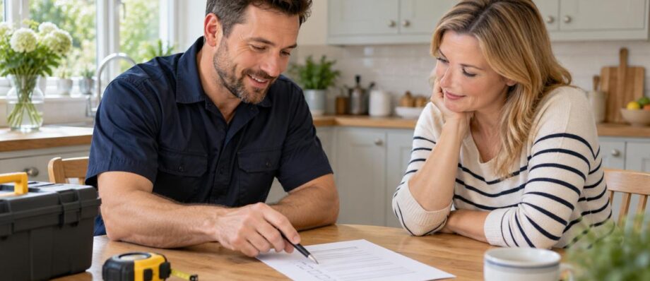 A handyman and homeowner reviewing a job checklist at a kitchen table.