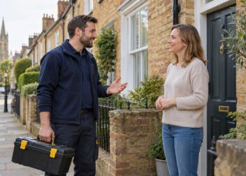 Tradesperson carrying a toolbox speaking with a homeowner outside an Oxford terraced house.