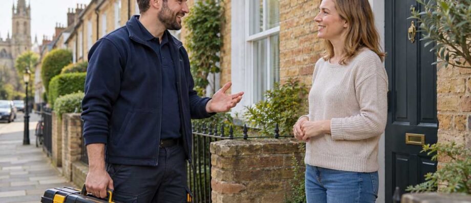 Tradesperson carrying a toolbox speaking with a homeowner outside an Oxford terraced house.