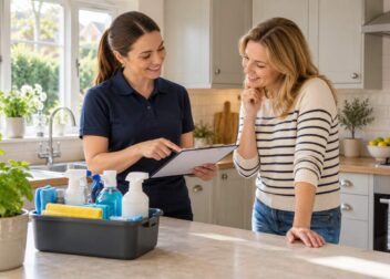 A professional cleaner and homeowner reviewing a checklist beside cleaning supplies in a kitchen.