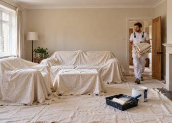 Decorator carrying a dust sheet in a living room with furniture and flooring covered before painting.
