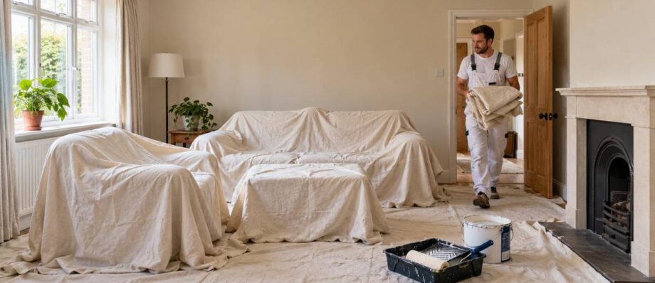 Decorator carrying a dust sheet in a living room with furniture and flooring covered before painting.